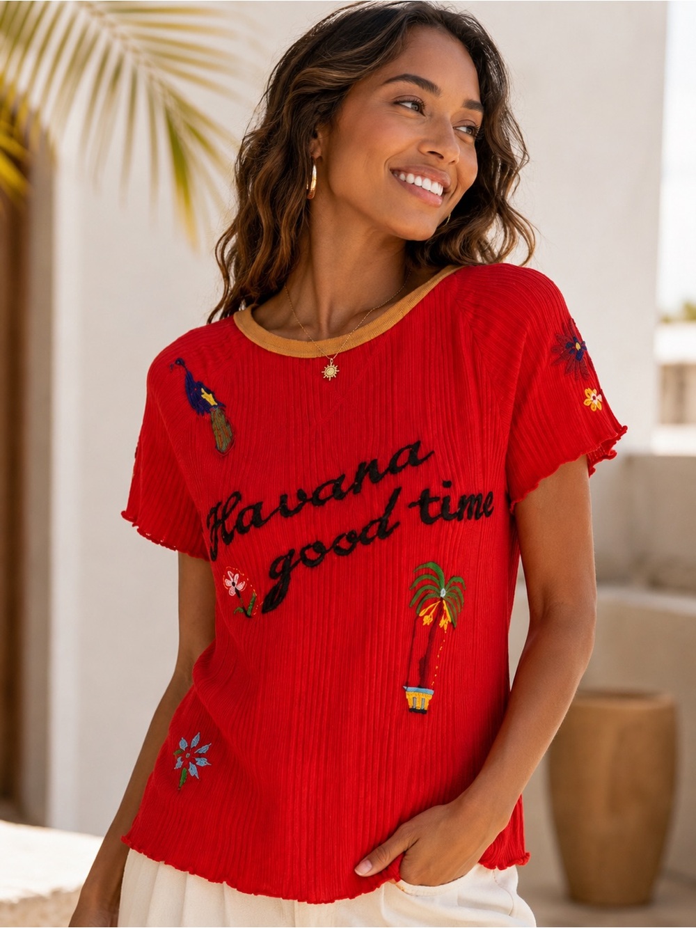 Free People Havana Good Time Embroidered Ribbed Tee Boho Tropical
